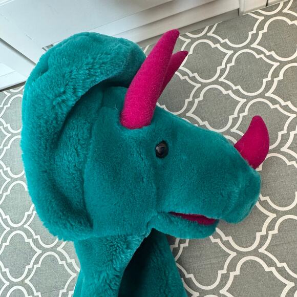Dakin Vintage Dinosaur Puppet 1991 Plush Toy Green 12" Triceratops Hornsly - Picture 6 of 10